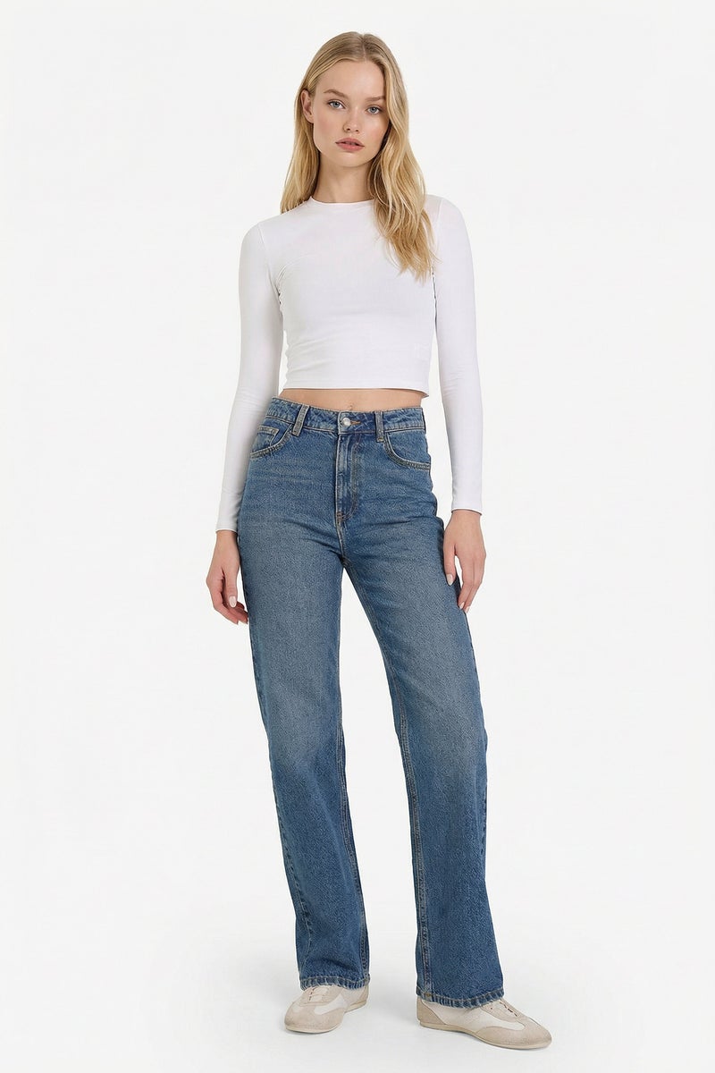 DeFacto Blue Woman 90's Wide Leg High Waist Straight Leg Jeans Casual - Image 1